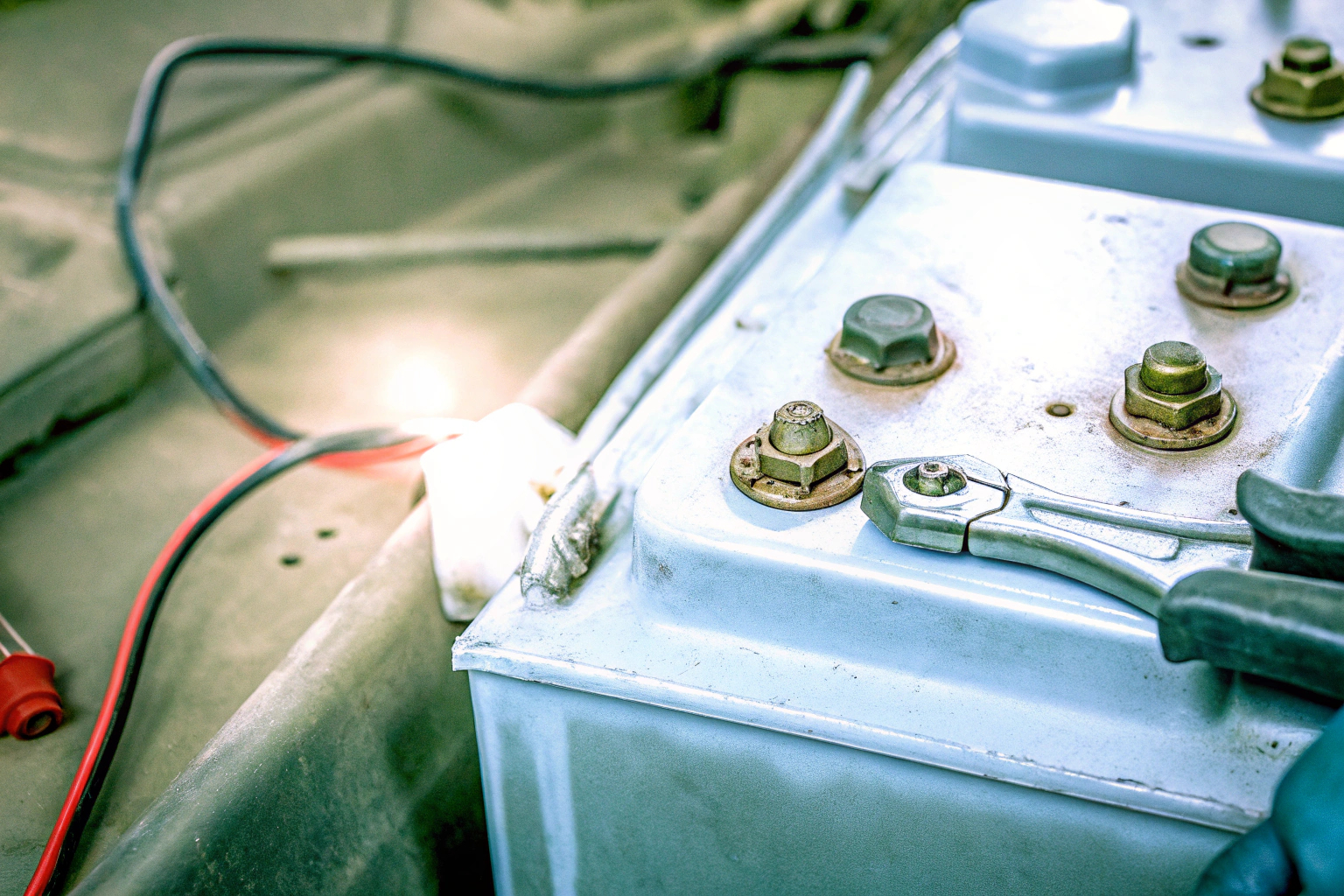 Ein Mechaniker überprüft den Zustand einer Fahrzeugbatterie. Batterieprüfung