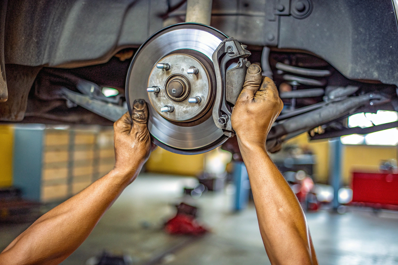 Ein Mechaniker überprüft die Bremsen eines Autos in einer Werkstatt. Bremsencheck für die TÜV-Prüfung