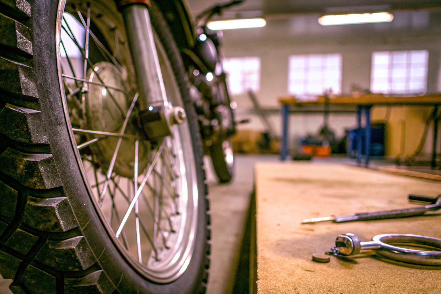 Ein Mechaniker überprüft die Reifen eines Motorrads in einer Werkstatt. Motorradreifen Überprüfung