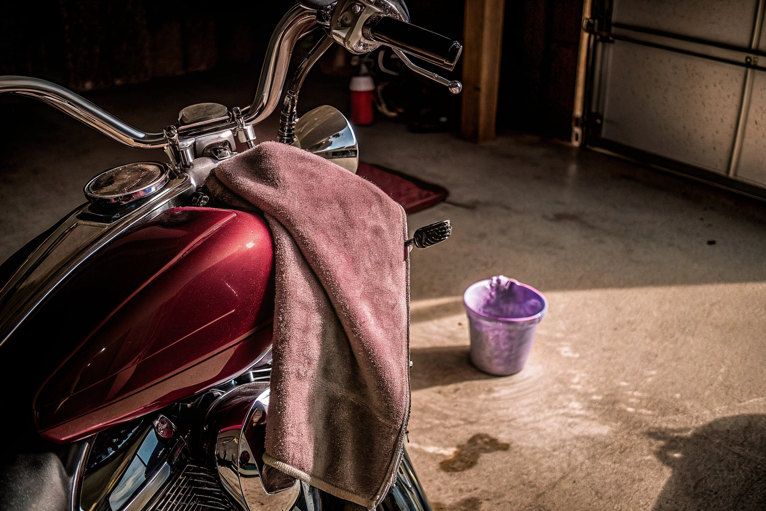 Ein Mikrofasertuch, das zur Trocknung eines Motorrads verwendet wird, um Wasserflecken zu vermeiden. Motorrad mit Mikrofasertuch trocknen