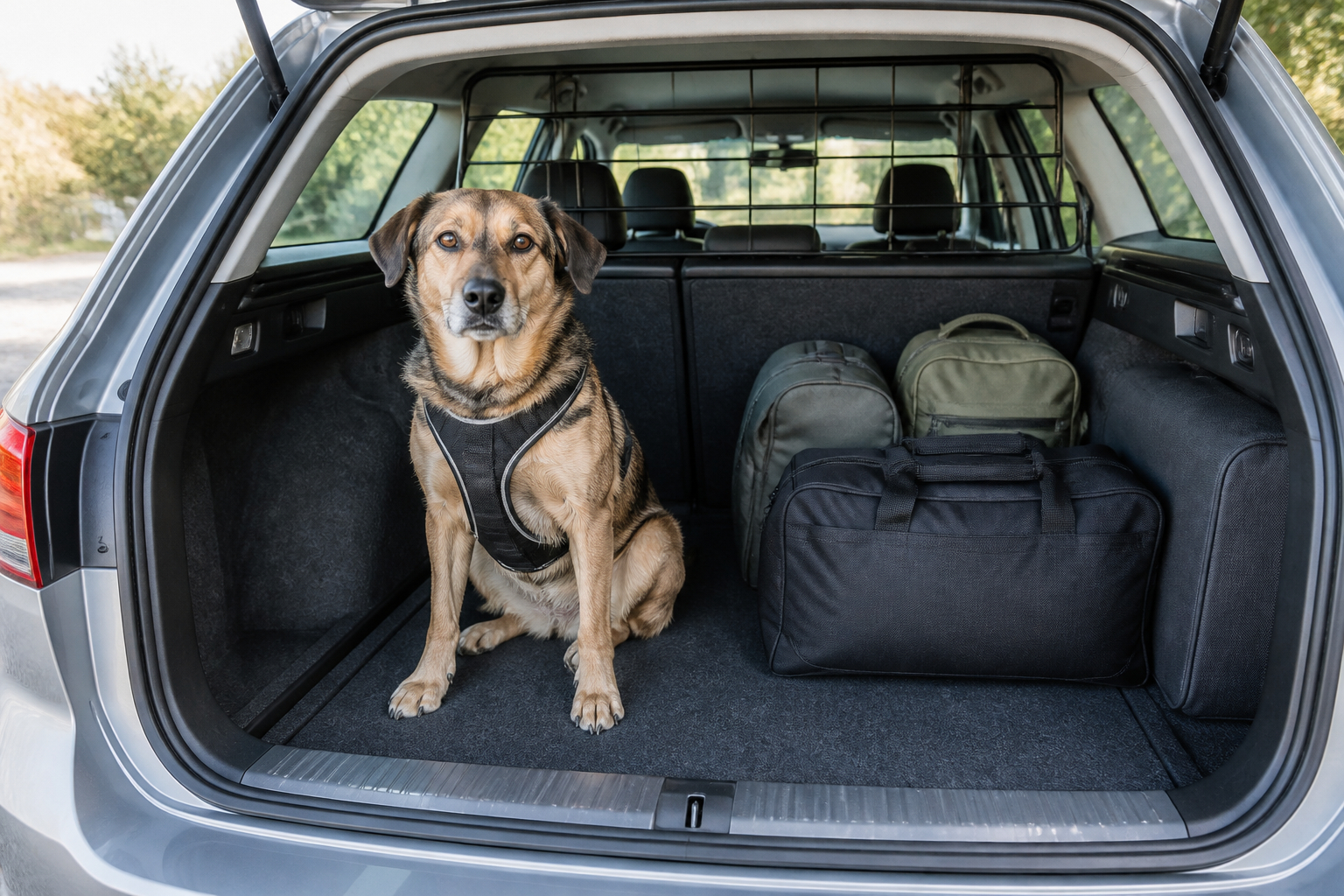 Hund sicher im Kofferraum eines Autos mit Hundegitter