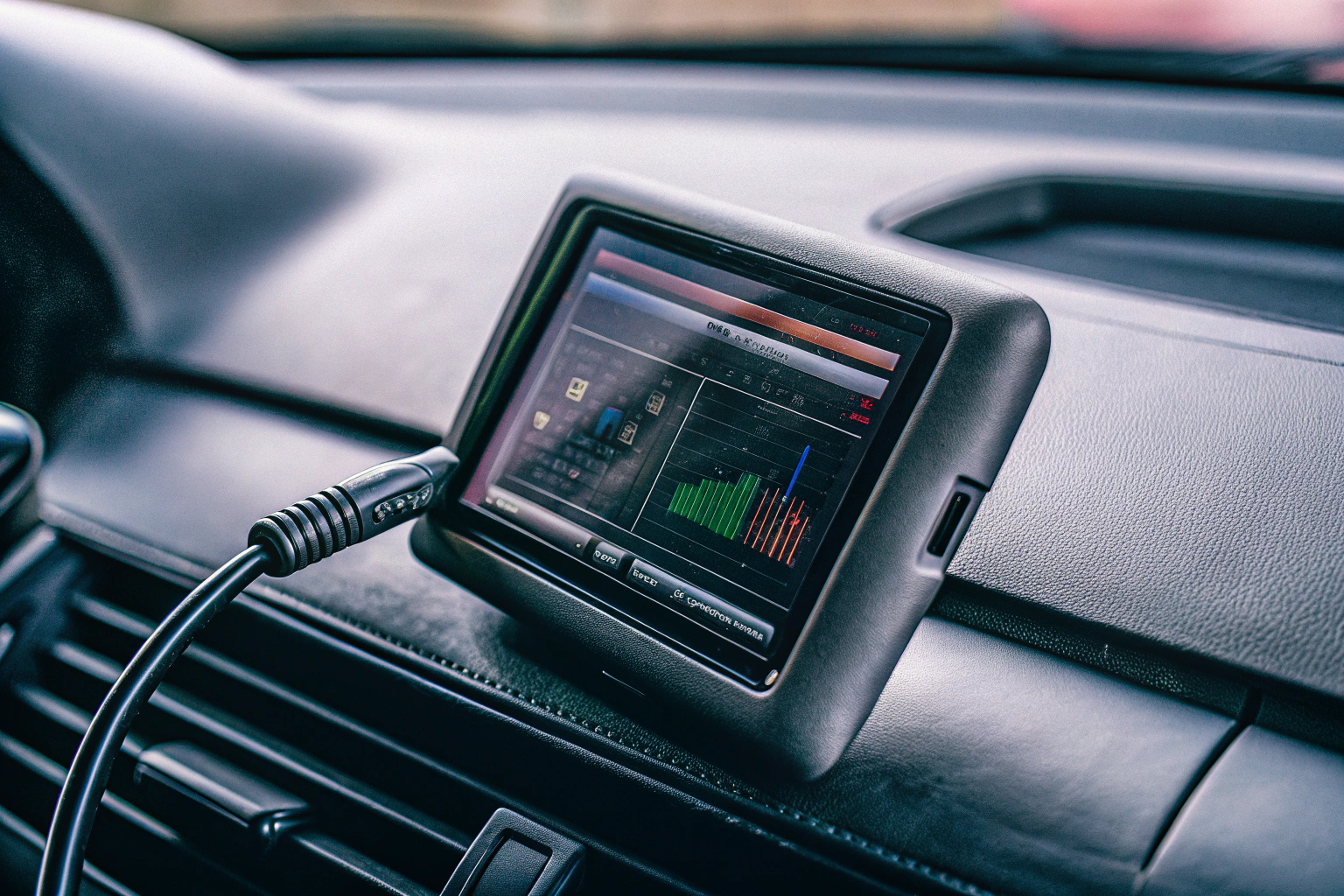 Ein moderner OBD2-Diagnosegerät im Einsatz an einem Fahrzeug. OBD2-Diagnosegerät im Einsatz