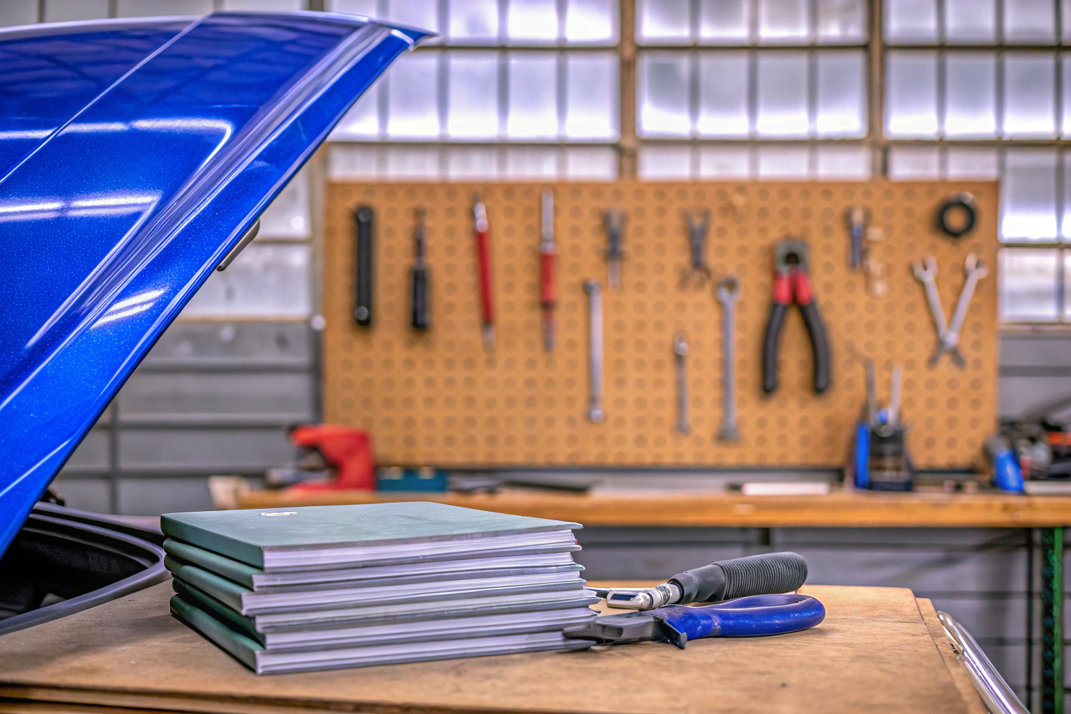 Ein moderner Werkstattbereich, ausgestattet mit Autohandbüchern und Werkzeugen, bereit für DIY-Projekte. Moderne Werkstatt mit Autohandbüchern