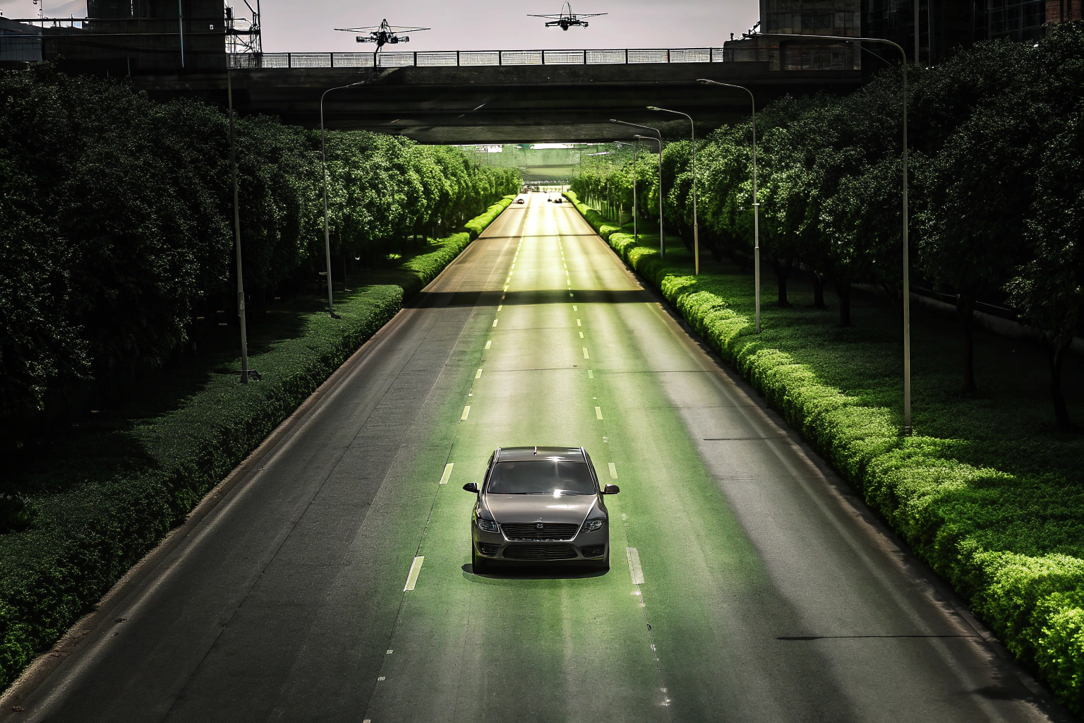 Ein modernes Auto fährt autonom auf einer Autobahn, umgeben von futuristischen Technologien. Autonomes Fahren auf der Autobahn