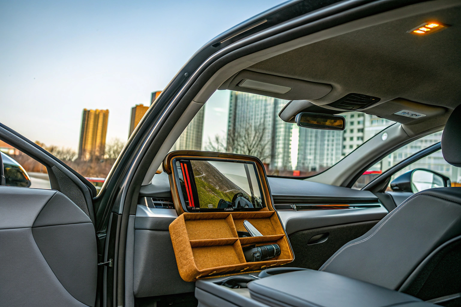 Ein modernes Auto mit verschiedenen Gadgets ausgestattet, wie einem digitalen Display, Organizer im Kofferraum, und mehr. Auto mit modernen Gadgets