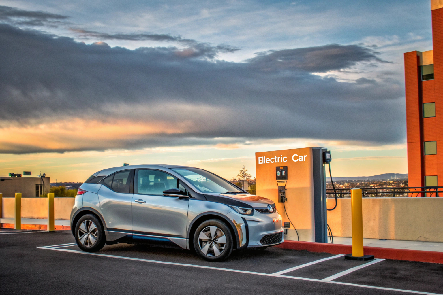 Ein modernes Elektroauto, das an einer Ladestation aufgeladen wird. Elektroauto an Ladestation