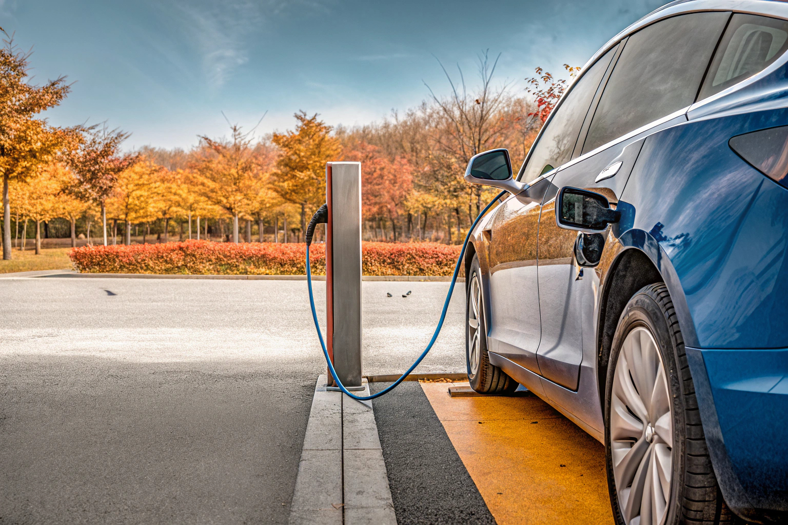 Ein modernes Elektroauto, das an einer Ladestation aufgeladen wird. Elektroauto beim Laden