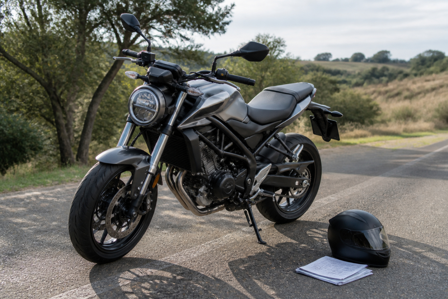 A2-Motorrad mit Helm und Fahrzeugpapieren