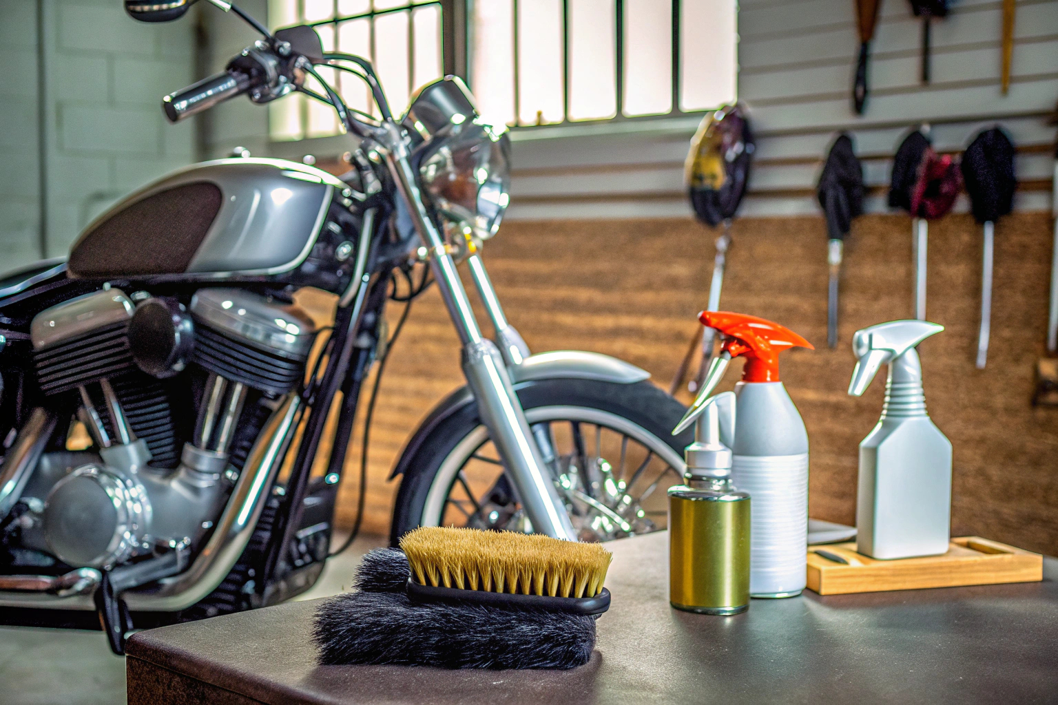Ein Motorrad auf einem Ständer, umgeben von Reinigungsprodukten, bereit für die Pflege Motorradpflege mit Reinigungsprodukten