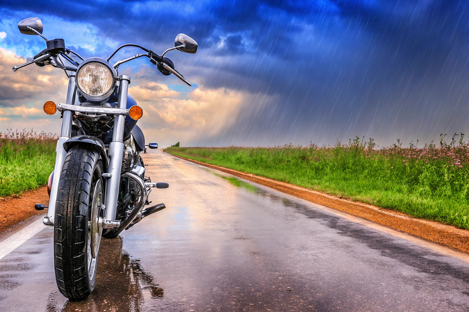 Ein Motorrad auf einer Landstraße bei leichtem Regen. Motorrad auf nasser Landstraße