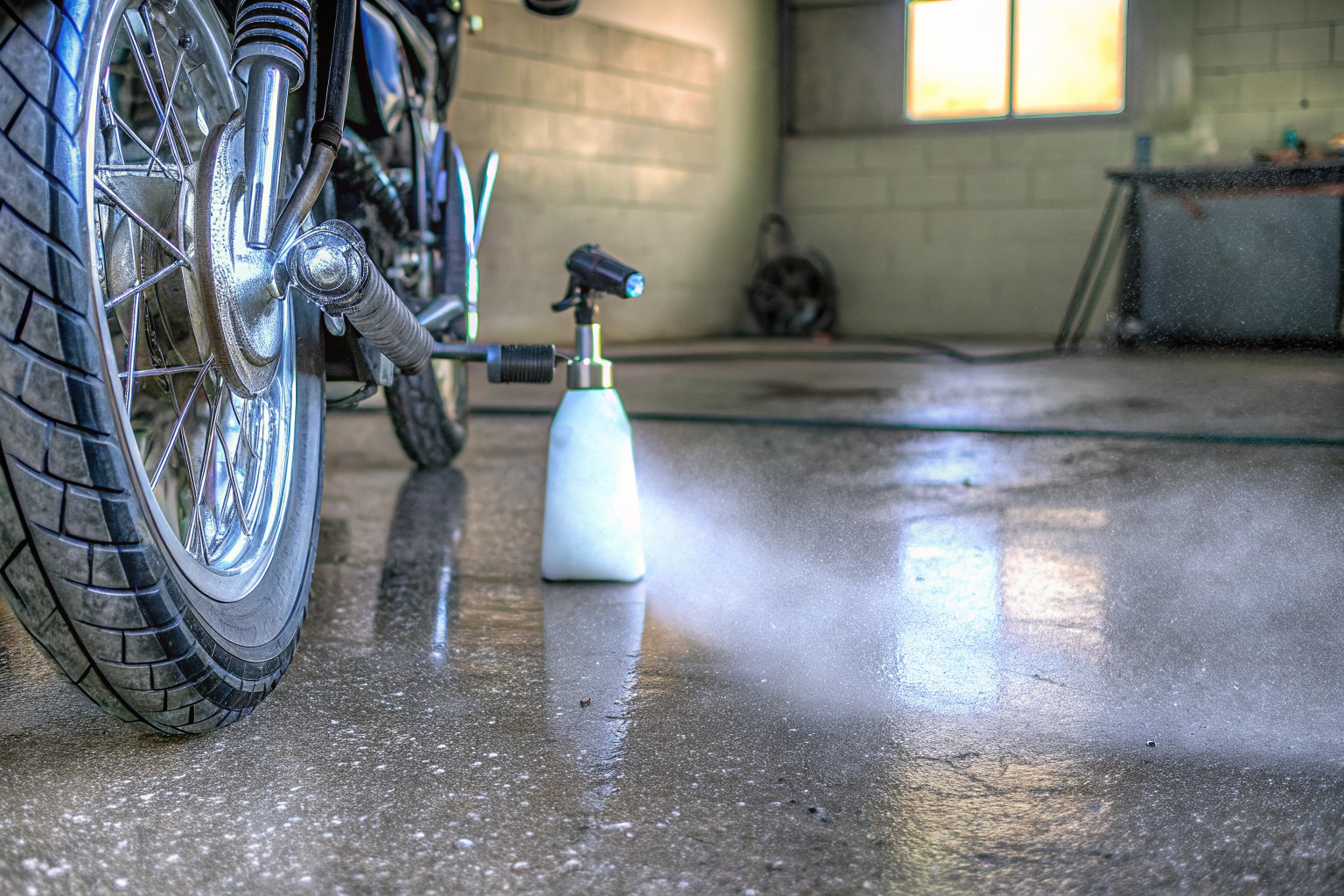 Ein Motorrad, das mit einem speziellen Reiniger behandelt wird, um Schmutz und Verunreinigungen zu lösen. Motorrad mit Reiniger