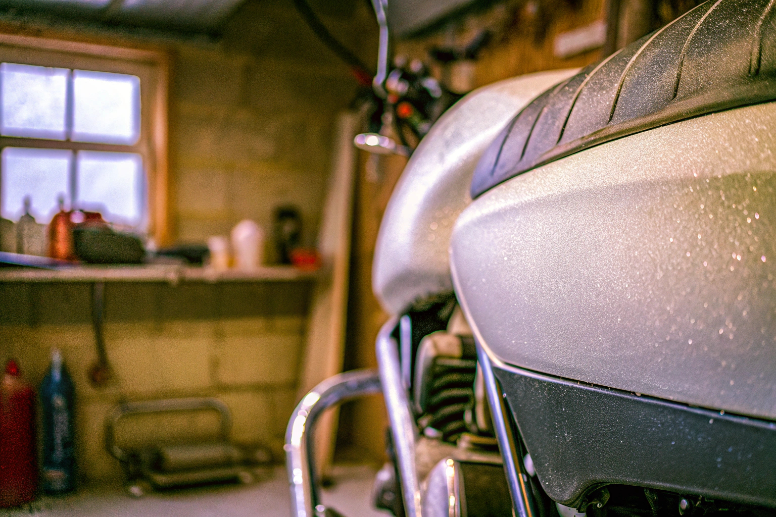Motorrad auf Ständer für Winterlagerung
