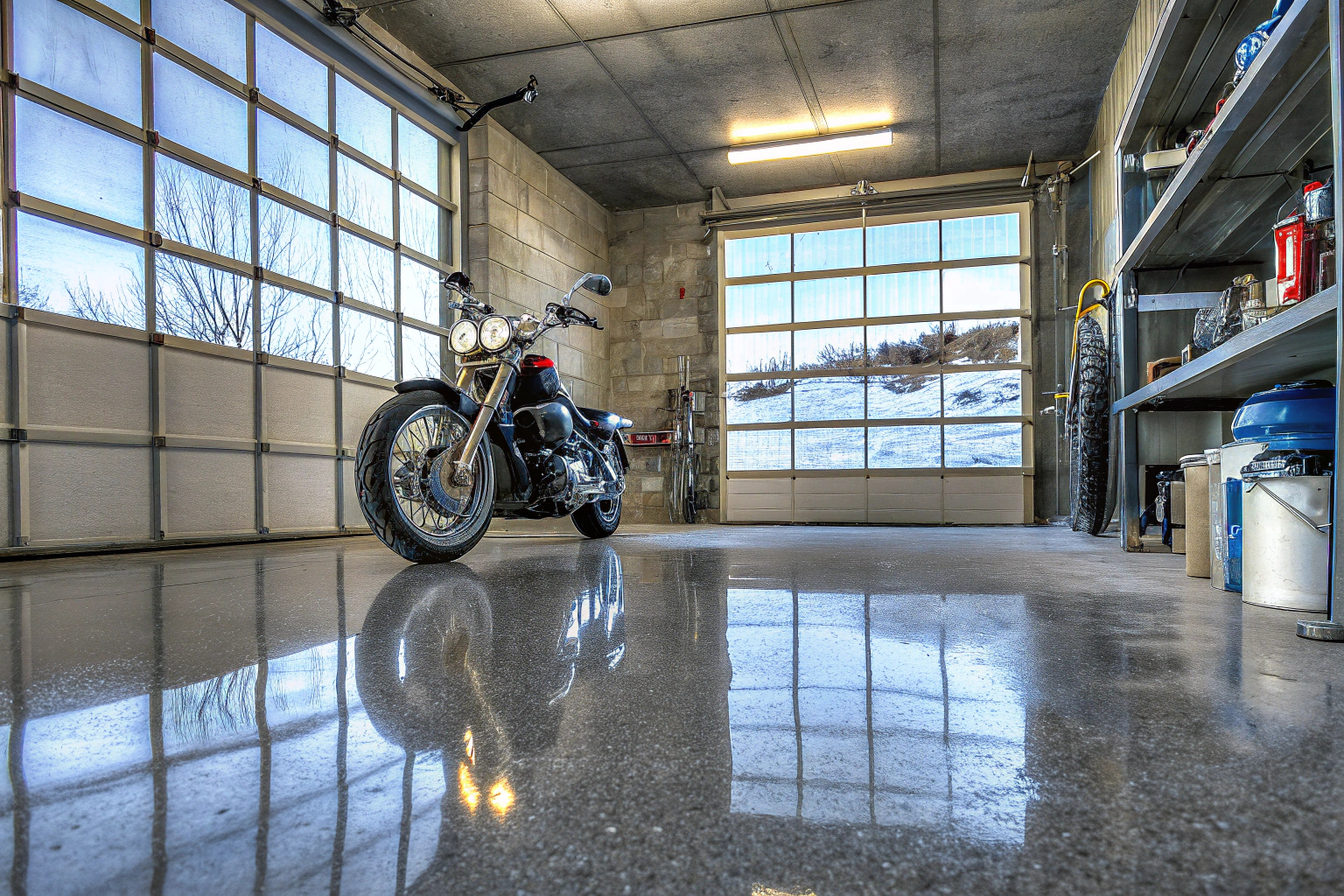 Motorradpflegeprodukte in einer Garage
