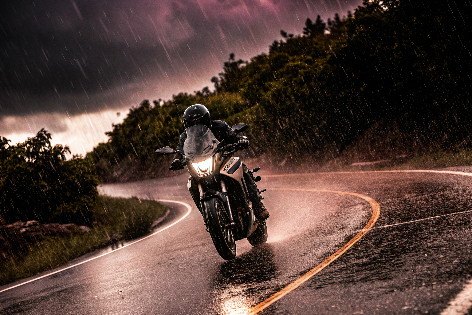 Ein Motorradfahrer, der bei Regenwetter auf einer nassen Straße fährt. Motorradfahrer bei Regen auf nasser Straße