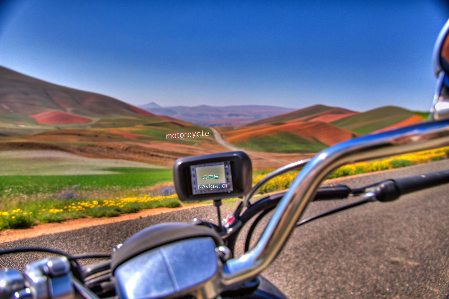 Ein Motorradfahrer, der durch eine malerische Landschaft fährt, während er das Navigationsgerät verwendet. Motorradfahrer in Landschaft