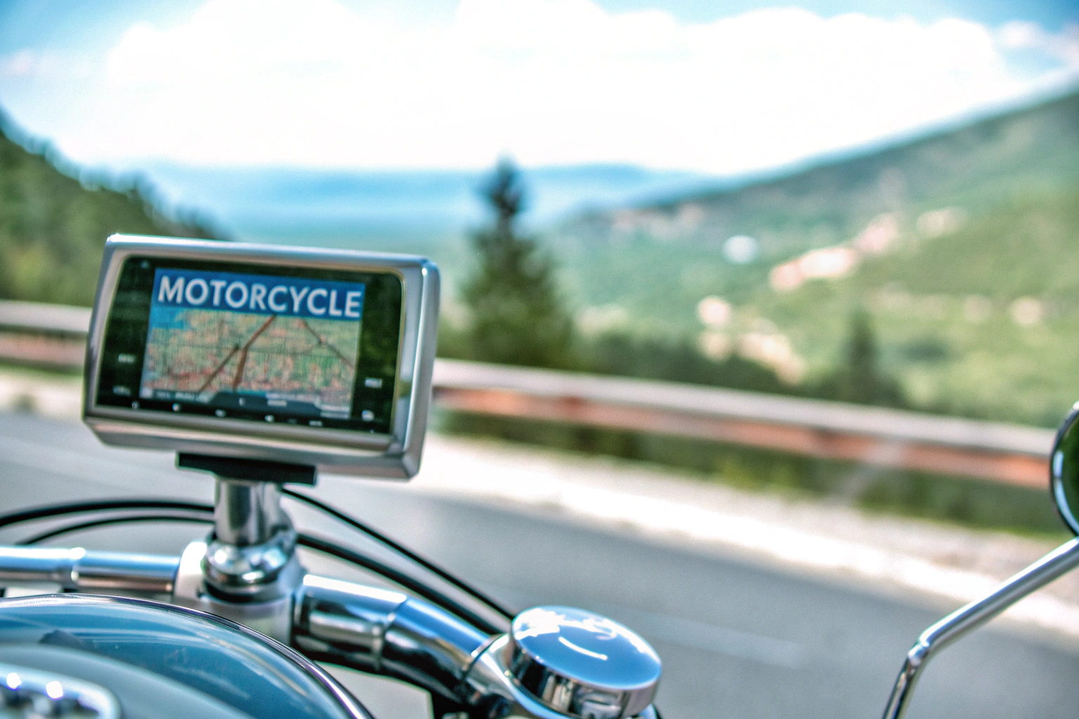 Ein Motorradfahrer, der ein Navigationsgerät während der Fahrt benutzt. Motorradfahrer mit Navi
