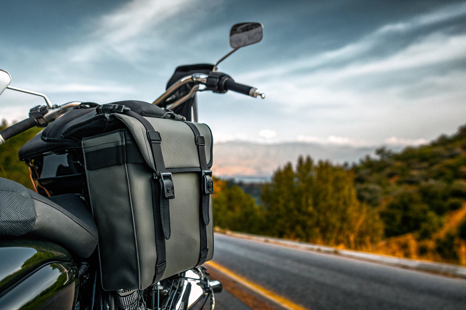 Ein Motorradfahrer, der eine multifunktionale Tasche trägt Motorradfahrer mit Tasche