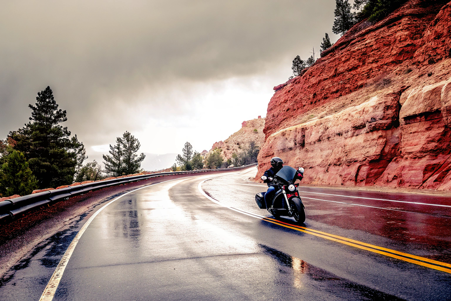 Ein Motorradfahrer, der sich auf einer regennassen Bergstraße vorsichtig fortbewegt. Motorradfahren bei Regen in den Bergen