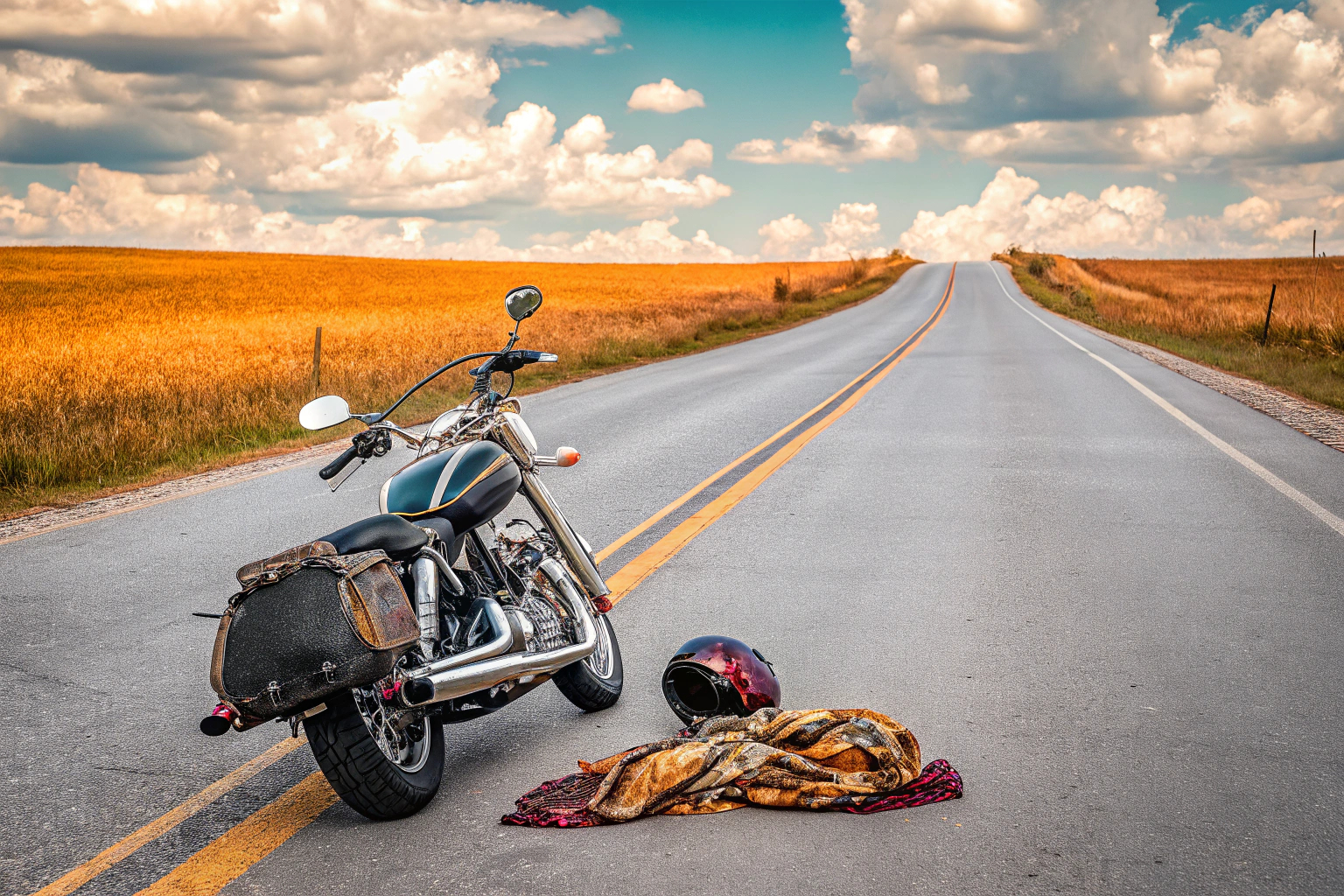Ein Motorradfahrer mit Helm und Schlauchschal auf einer Landstraße Motorradfahrer mit Helm und Schlauchschal