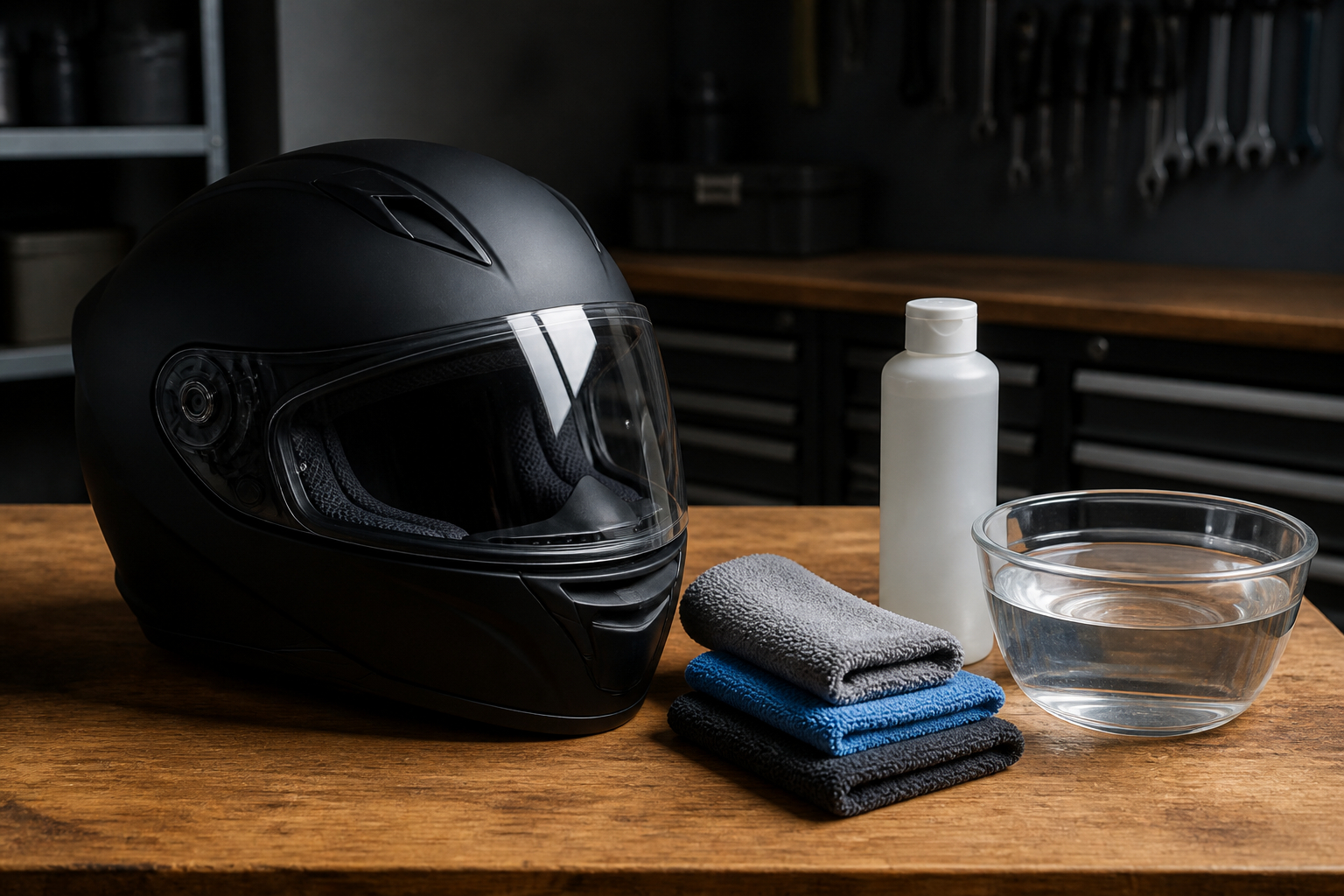 Motorradhelm mit Mikrofasertüchern und geeignetem Helmreiniger