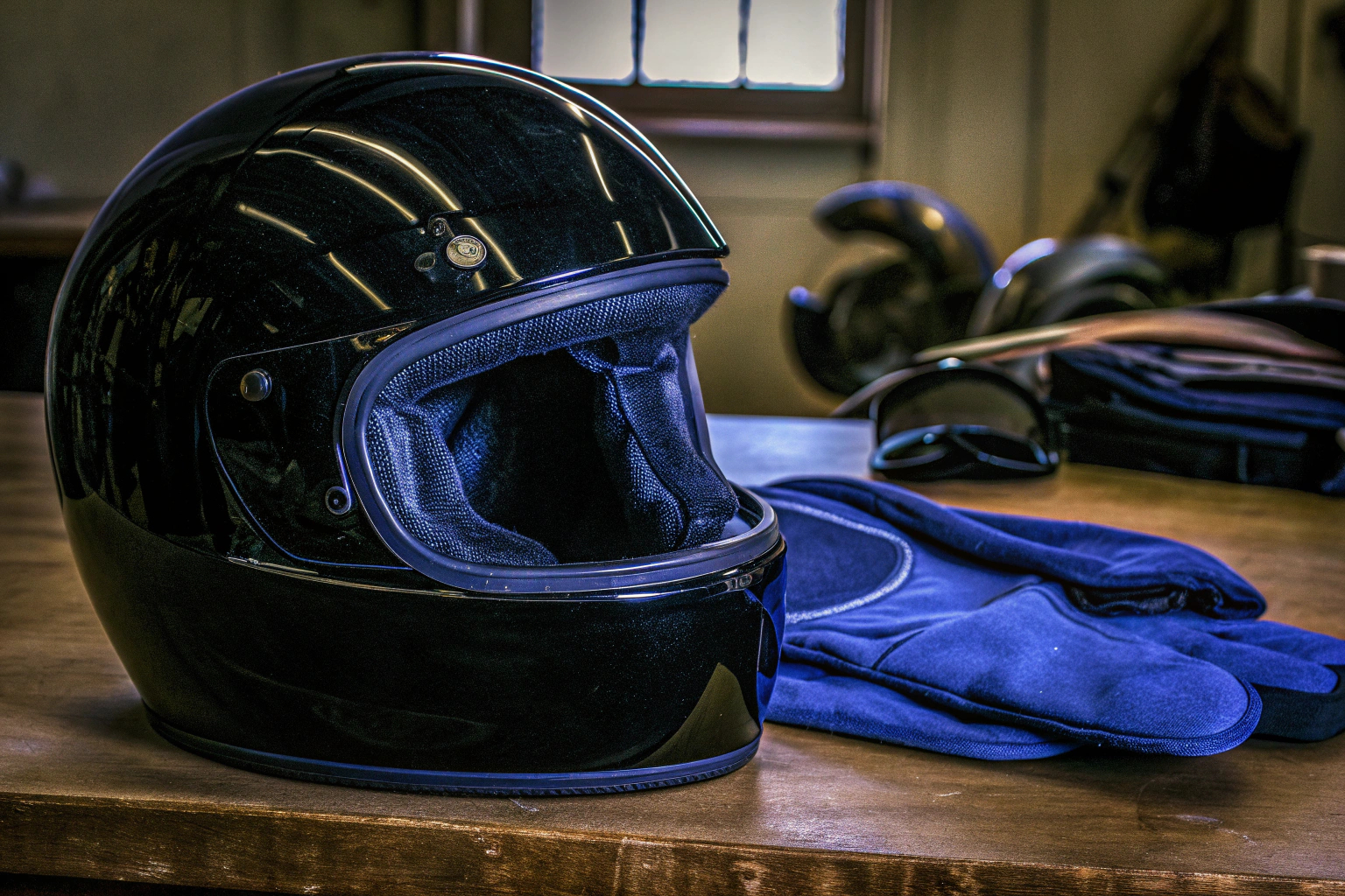 Ein Motorradhelm mit herausnehmbarem Innenfutter, das neben dem Helm liegt. Motorradhelm mit herausnehmbarem Innenfutter