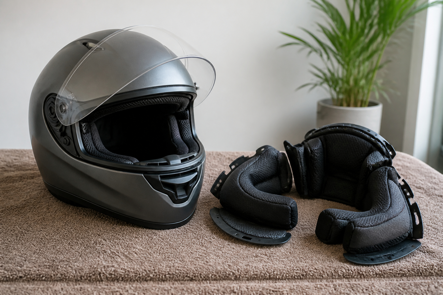 Motorradhelm mit geöffnetem Visier und herausgenommenen Polstern beim Trocknen