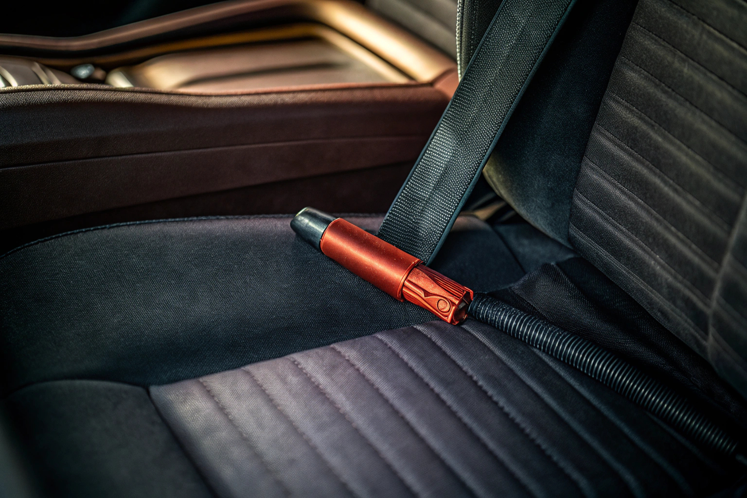 Ein Notfallhammer wird an einem Sicherheitsgurt im Auto getestet, um die Gurte im Notfall schnell zu durchtrennen. Notfallhammer im Einsatz