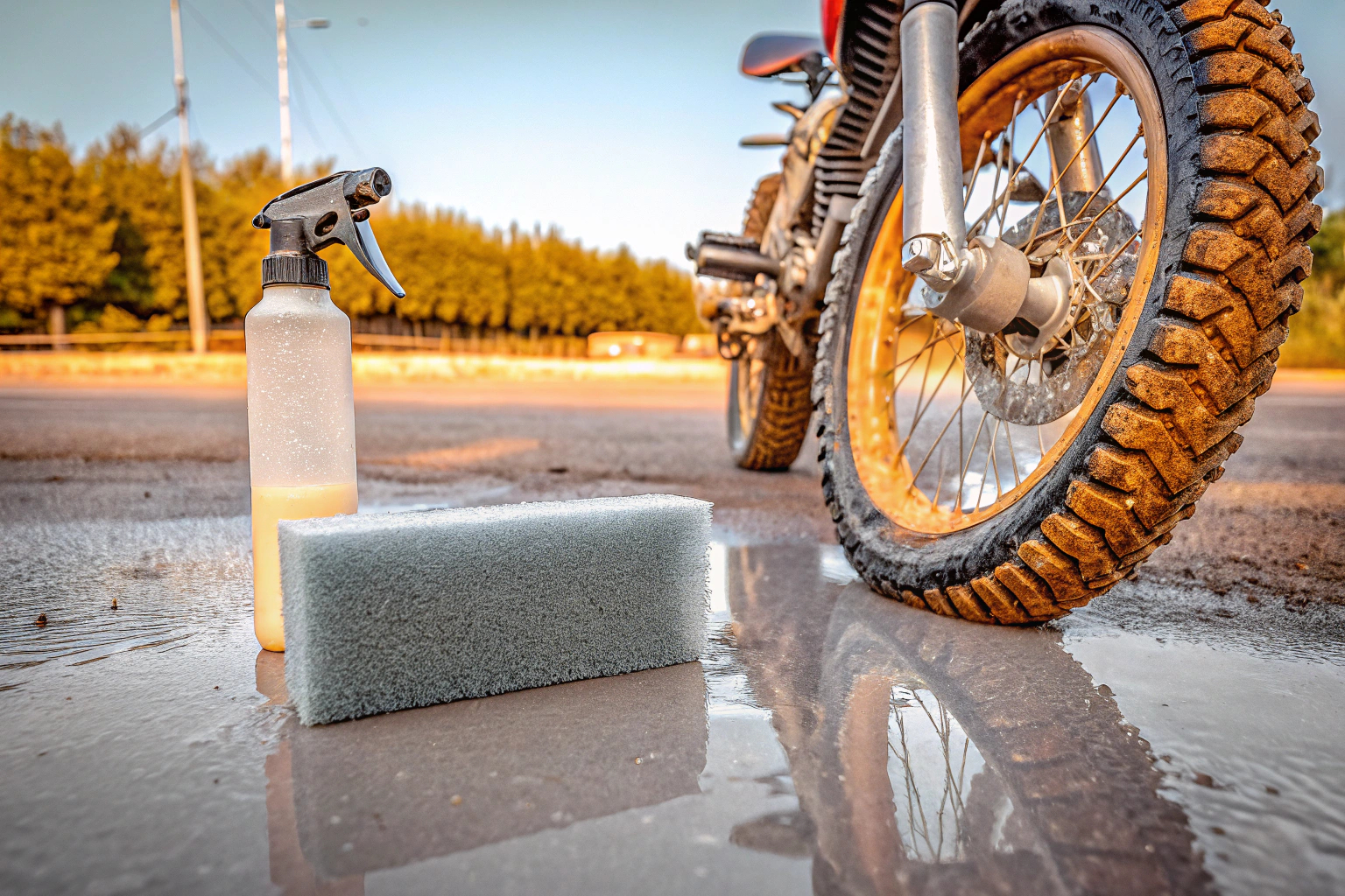 Ein Offroad-Motorrad, das nach einer Fahrt im Schlamm gereinigt wird. Der Fahrer verwendet spezielle Reinigungsmittel. Reinigung eines Offroad-Motorrads