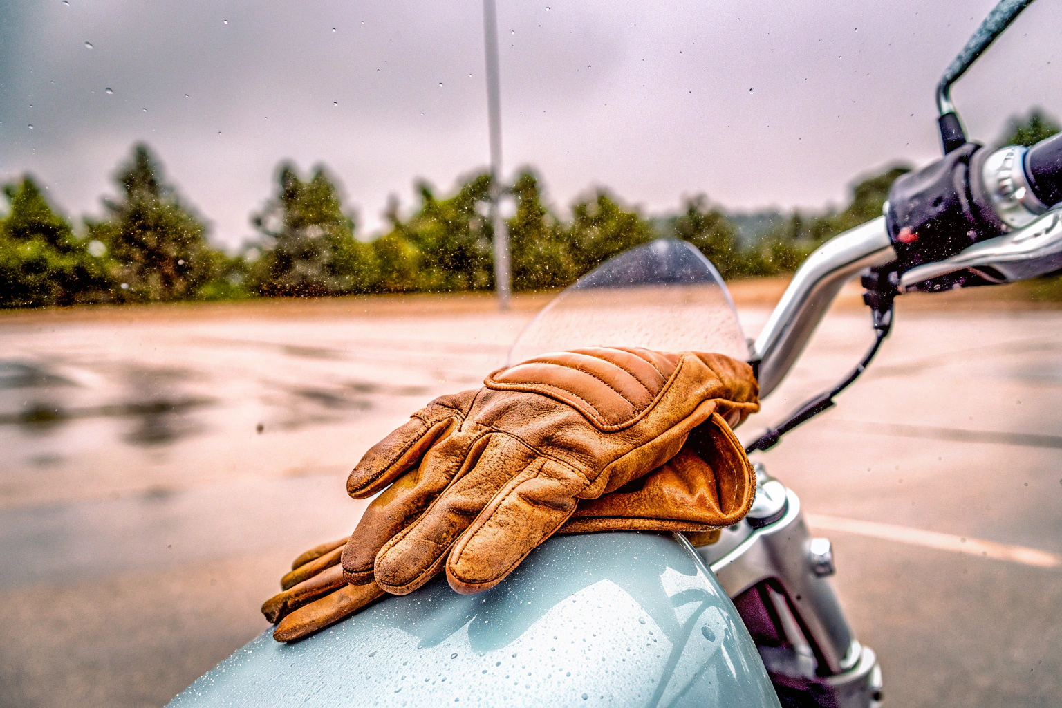 Ein Paar Motorradhandschuhe auf einem Motorradlenker. Motorradhandschuhe auf Lenker