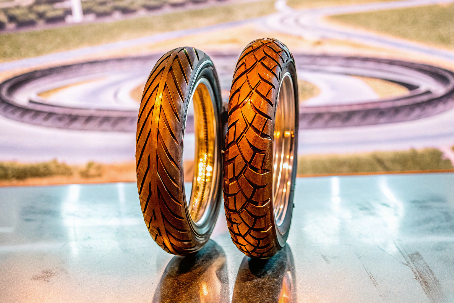 Ein Satz hochwertiger Michelin Motorradreifen, der für sportliche Fahrten optimiert ist. Michelin Motorradreifen