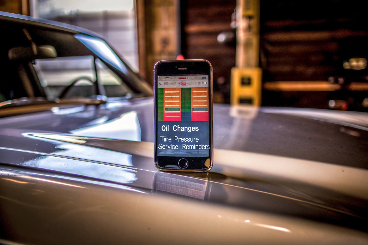 Ein Smartphone, auf dem eine Auto-Wartungs-App angezeigt wird. Auto-Wartungs-App auf einem Smartphone