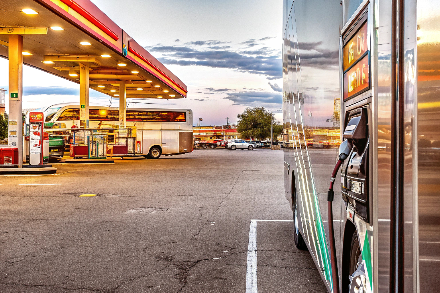 Simulator-Spiel mit Bus an Tankstelle