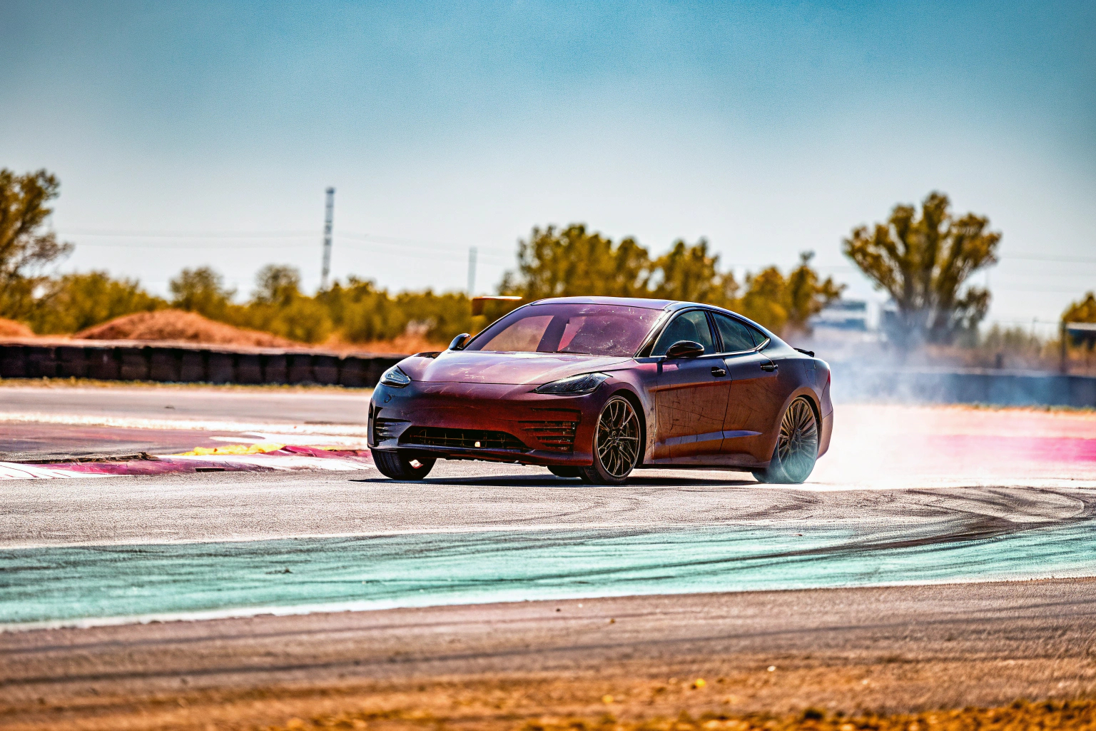 Ein sportliches Elektroauto auf einer Rennstrecke, das seine Beschleunigung demonstriert. Sportliches Elektroauto auf Rennstrecke