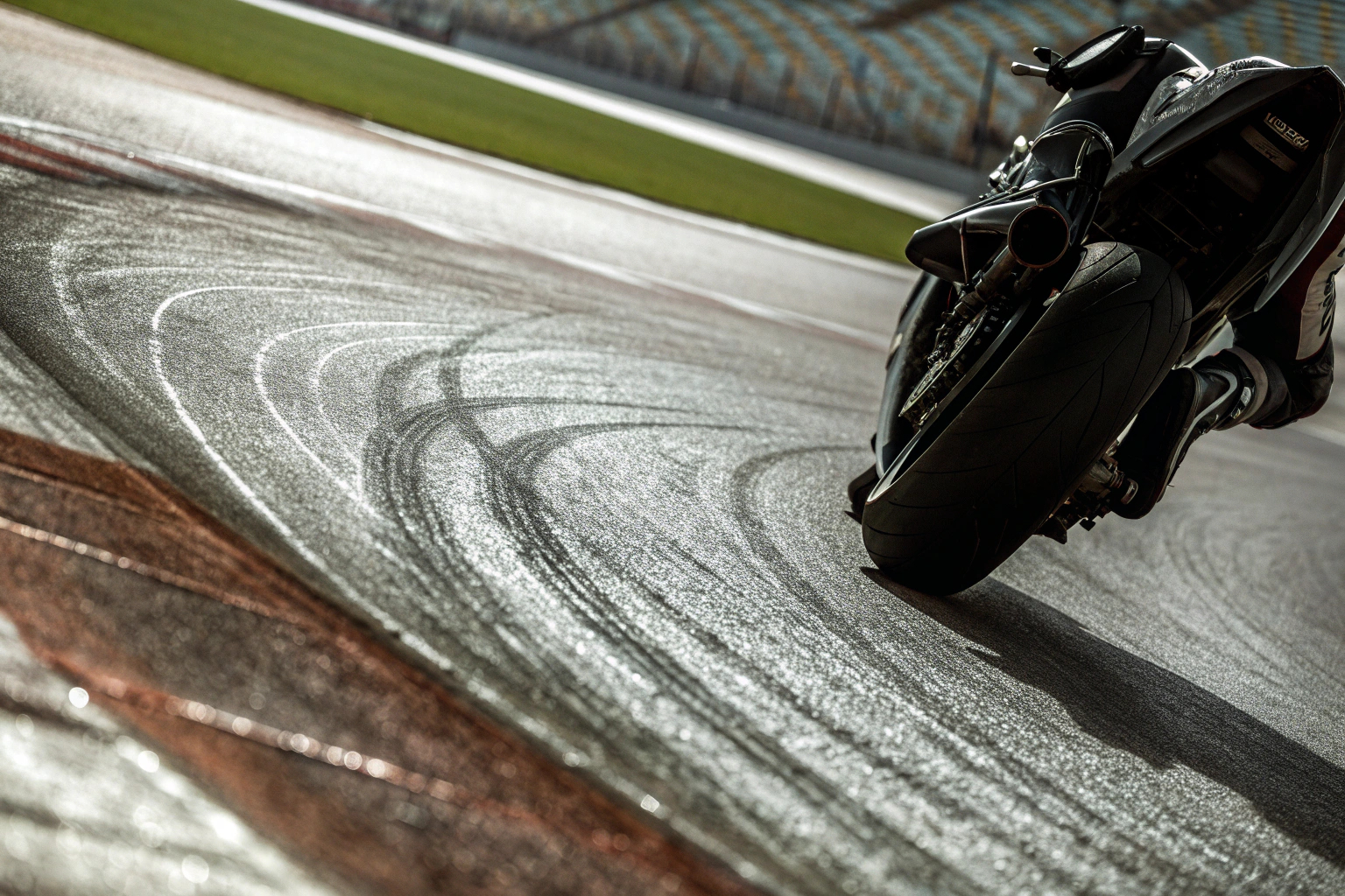 Ein sportliches Motorrad auf der Rennstrecke, das durch eine Kurve fährt. Motorrad auf der Rennstrecke