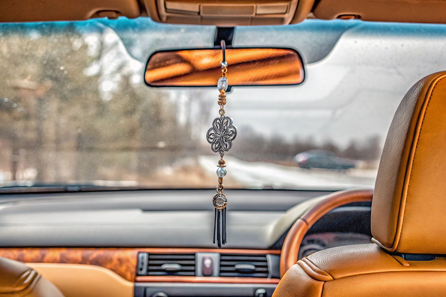 Ein stilvoller Rückspiegel-Anhänger als Accessoire im Auto. Rückspiegel-Anhänger im Auto