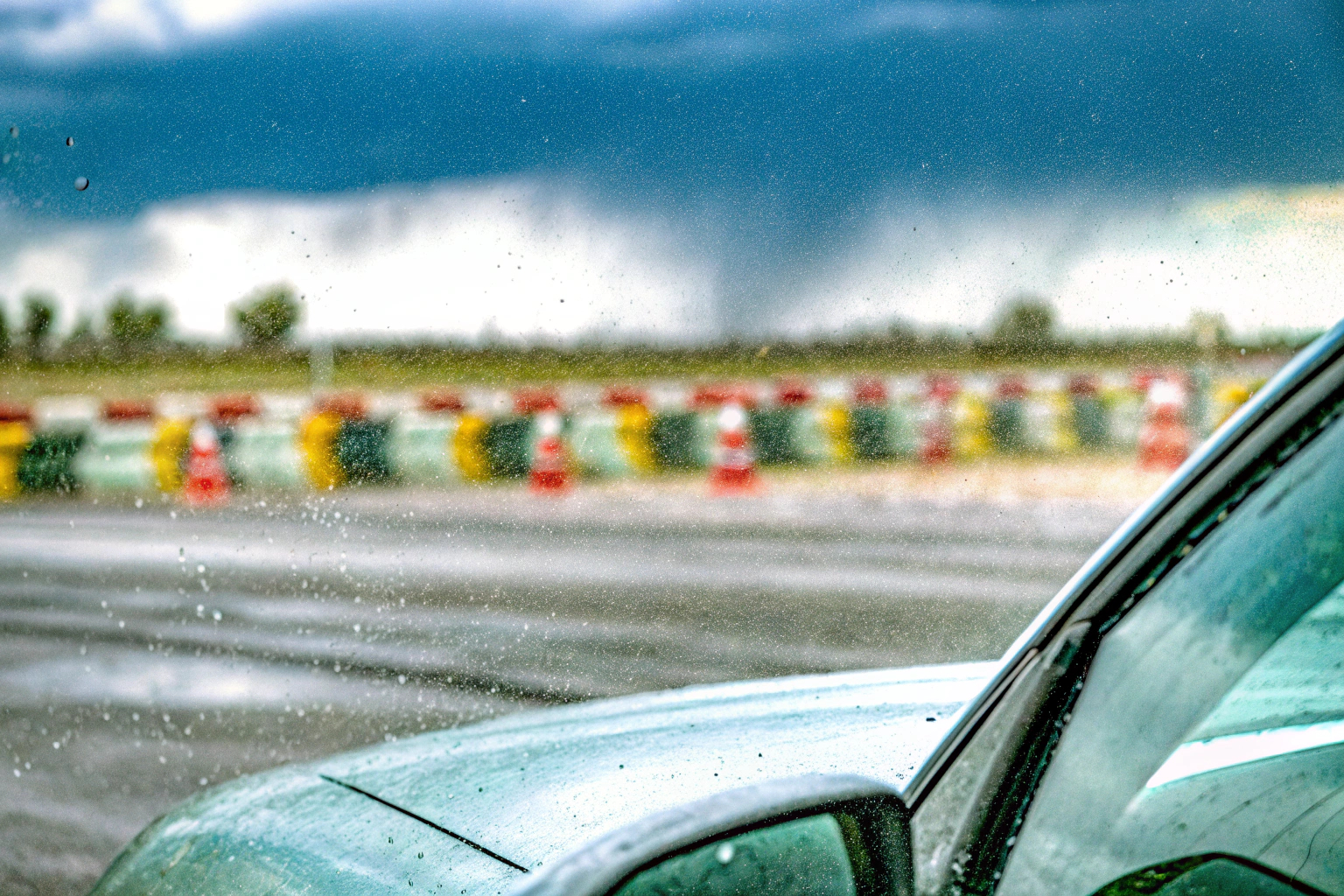 Ein Teilnehmer eines Fahrtrainings lernt, wie man auf nassen Straßen sicher fährt. Fahrtraining bei Regen