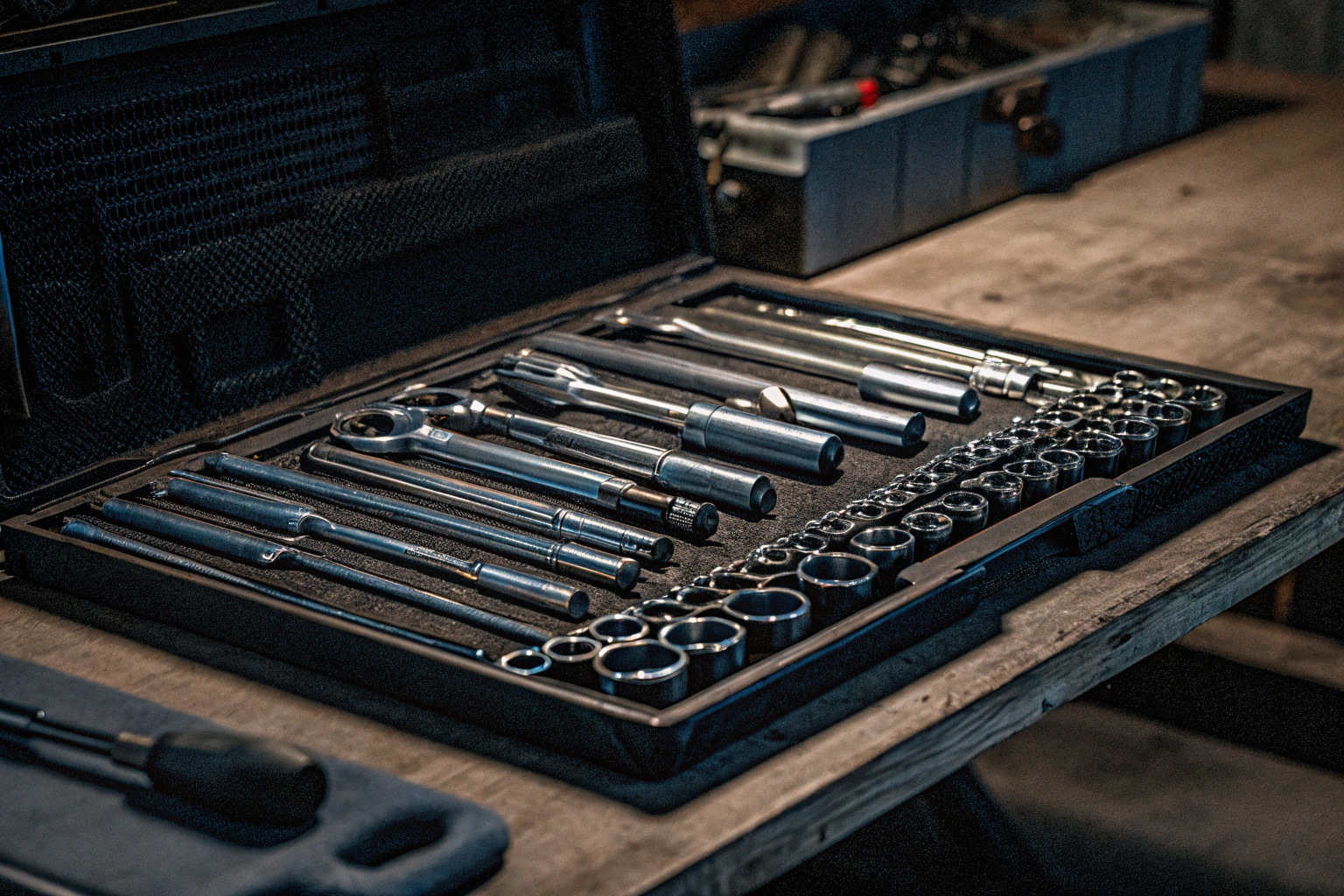 Ein umfangreiches Steckschlüssel- und Bitsatz auf einem Werkstatt-Tisch. Steckschlüssel- und Bitsatz