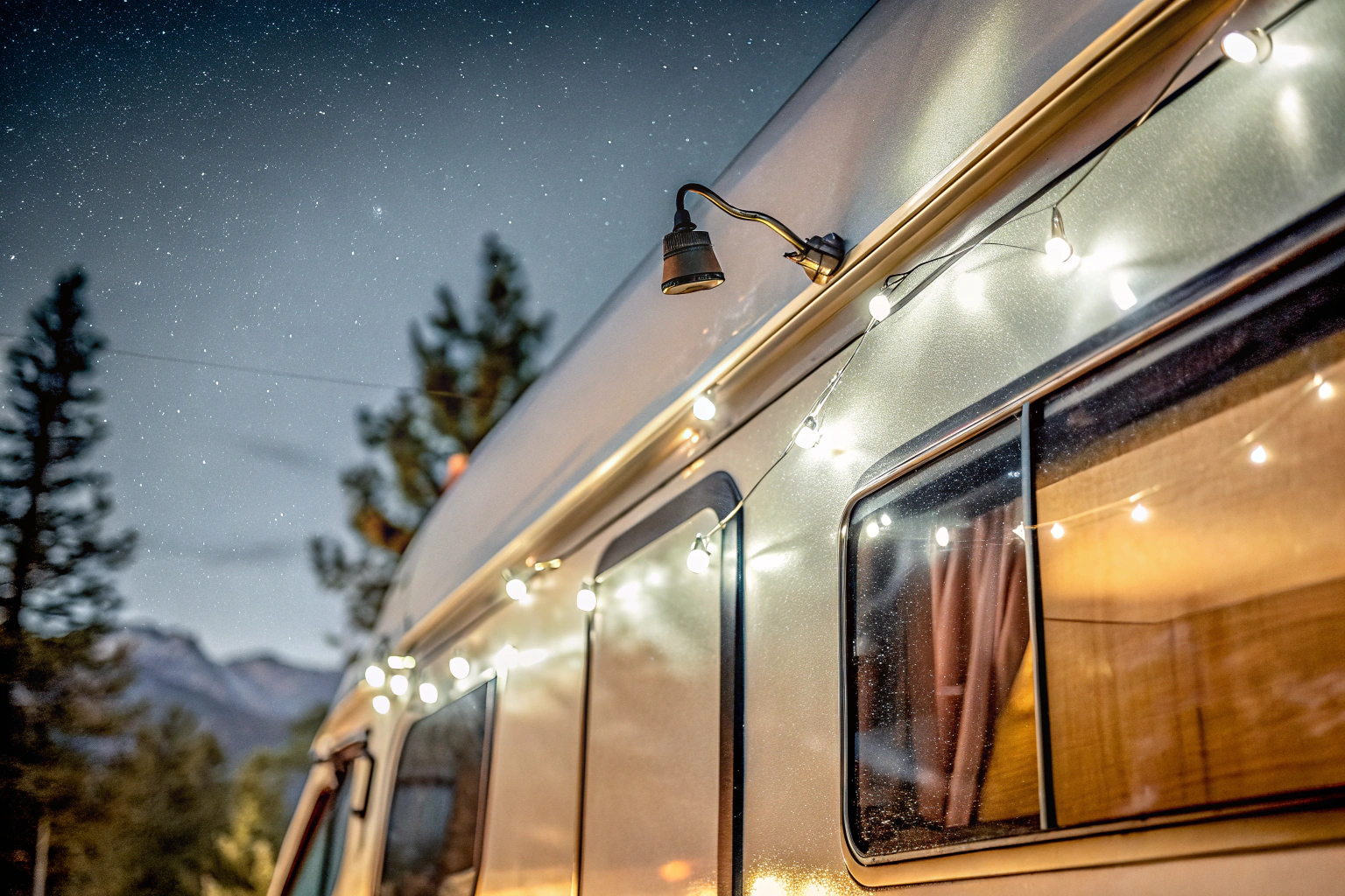 Ein Wohnmobil bei Nacht, beleuchtet mit Lichterketten und dekorativen Haken. Beleuchtetes Wohnmobil bei Nacht