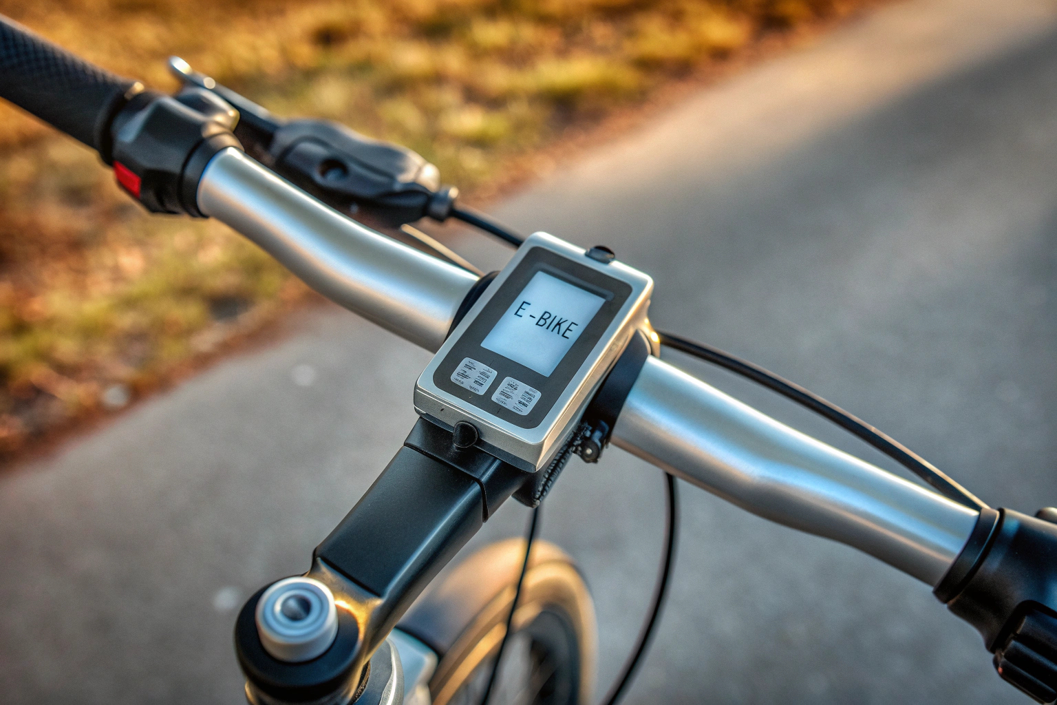 Eine Detailansicht eines E-Bike-Lenkrads mit integrierter LCD-Anzeige und Bedienelementen. E-Bike-Lenkrad mit LCD-Anzeige