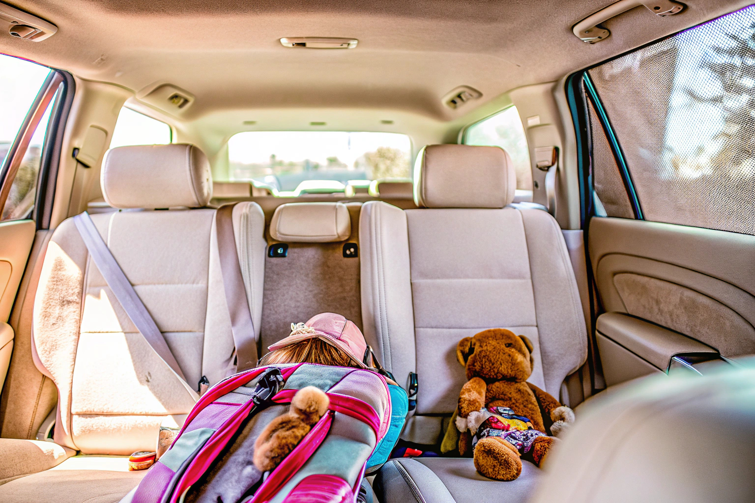 Familie auf Autofahrt mit Kindersitz