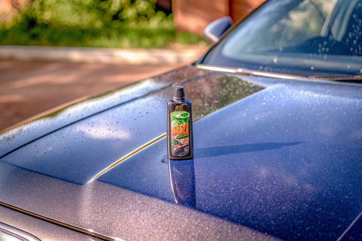 Eine Flasche Benzin-Additiv auf einer Motorhaube, bereit zur Anwendung. Benzin-Additiv auf Motorhaube
