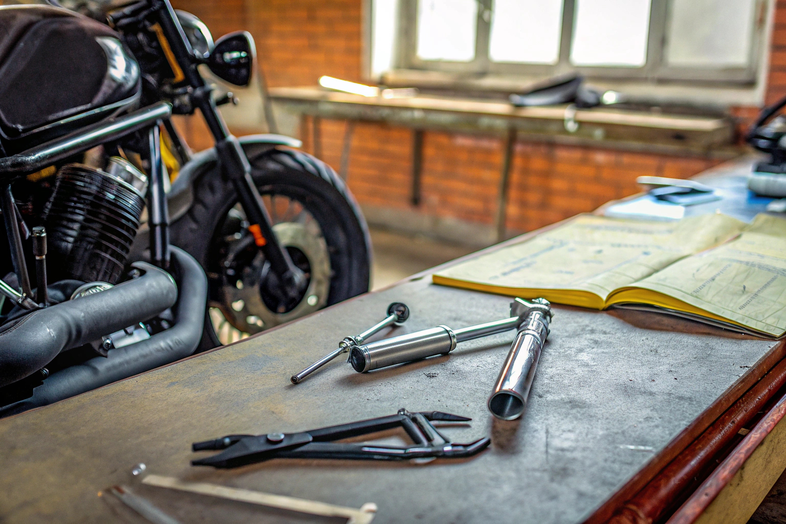 Eine Frau, die an einem Motorrad arbeitet, umgeben von Werkzeugen und Handbüchern. Eine Frau beim Schrauben an einem Motorrad
