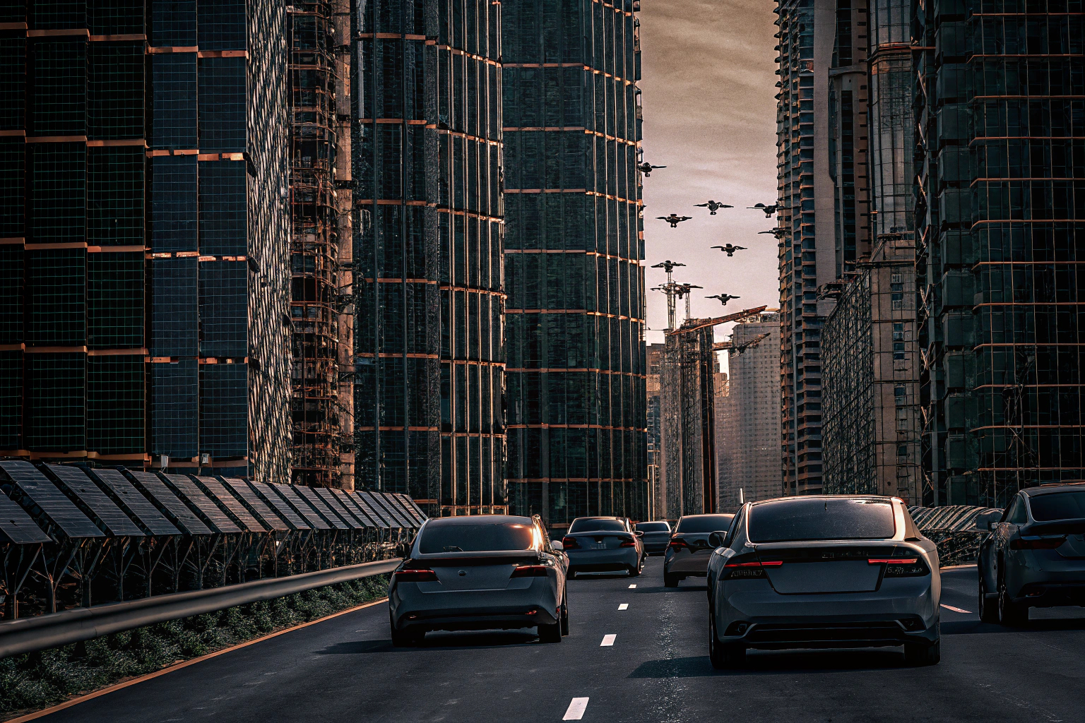 Eine futuristische Stadtansicht mit autonomen Fahrzeugen auf der Straße Zukunft der Mobilität mit autonomen Fahrzeugen