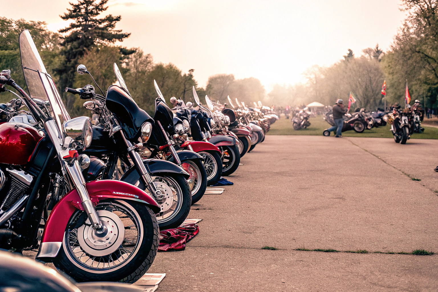 Eine Gruppe von Biker-Enthusiasten bei einem Motorradtreffen, die sich unterhalten und ihre Motorräder präsentieren Bikergruppe bei Treffen