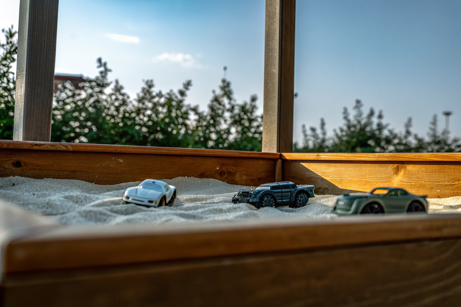 Eine Gruppe von Kindern spielt mit verschiedenen Spielzeugautos im Sandkasten. Kinder spielen mit Spielzeugautos