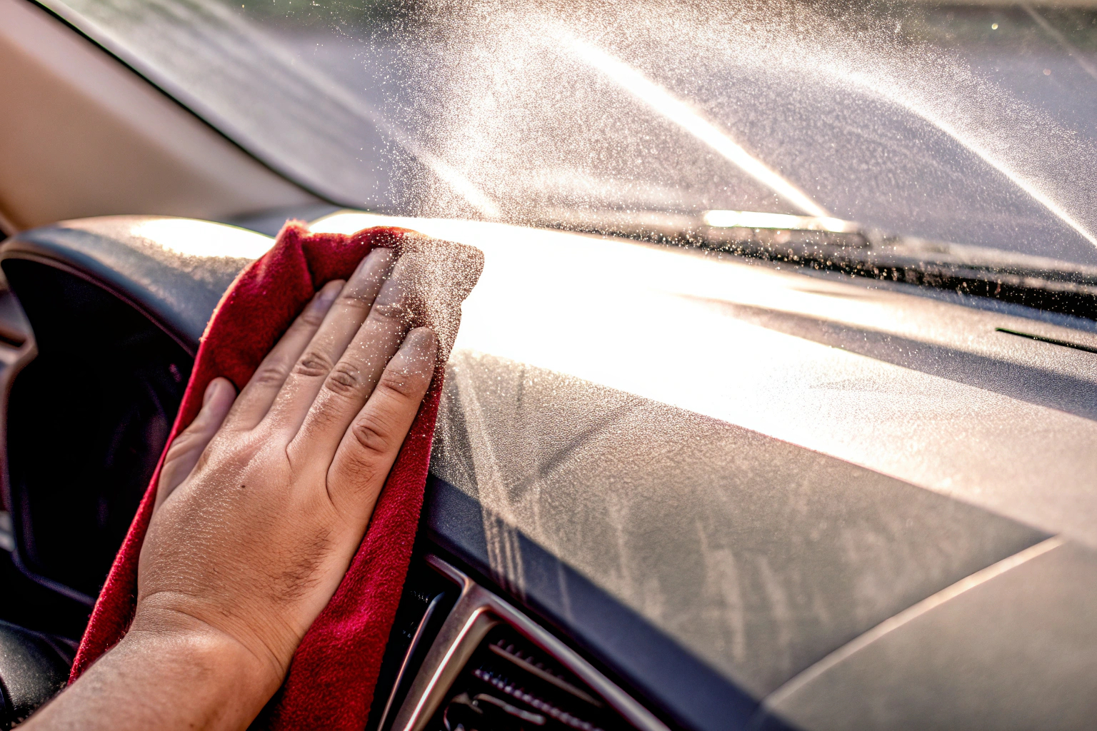 Eine Hand, die mit einem Mikrofasertuch das Armaturenbrett eines Autos reinigt. Armaturenbrettreinigung