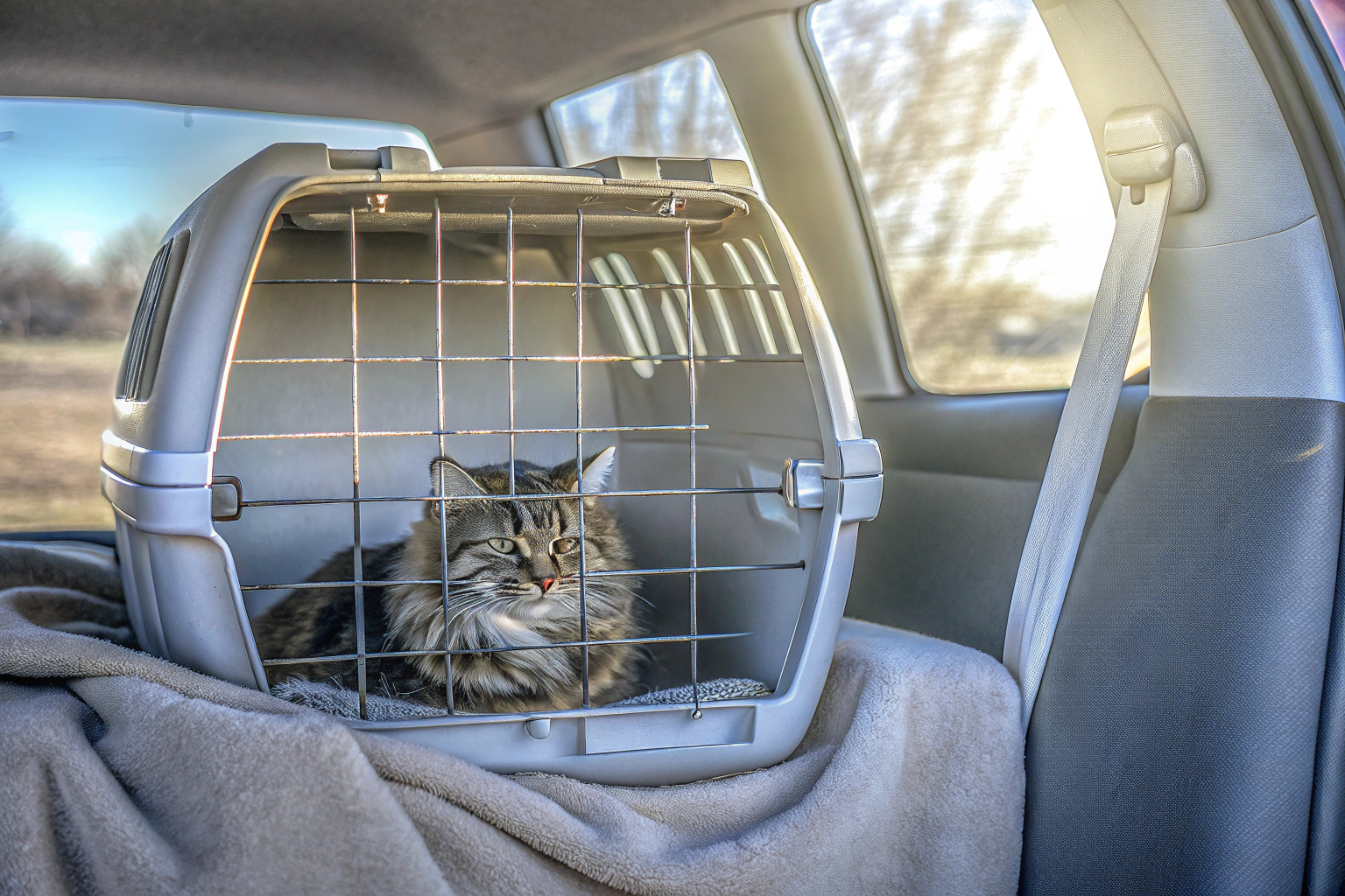 Eine Katze, die gemütlich in einer Transportbox sitzt. Katze in Transportbox