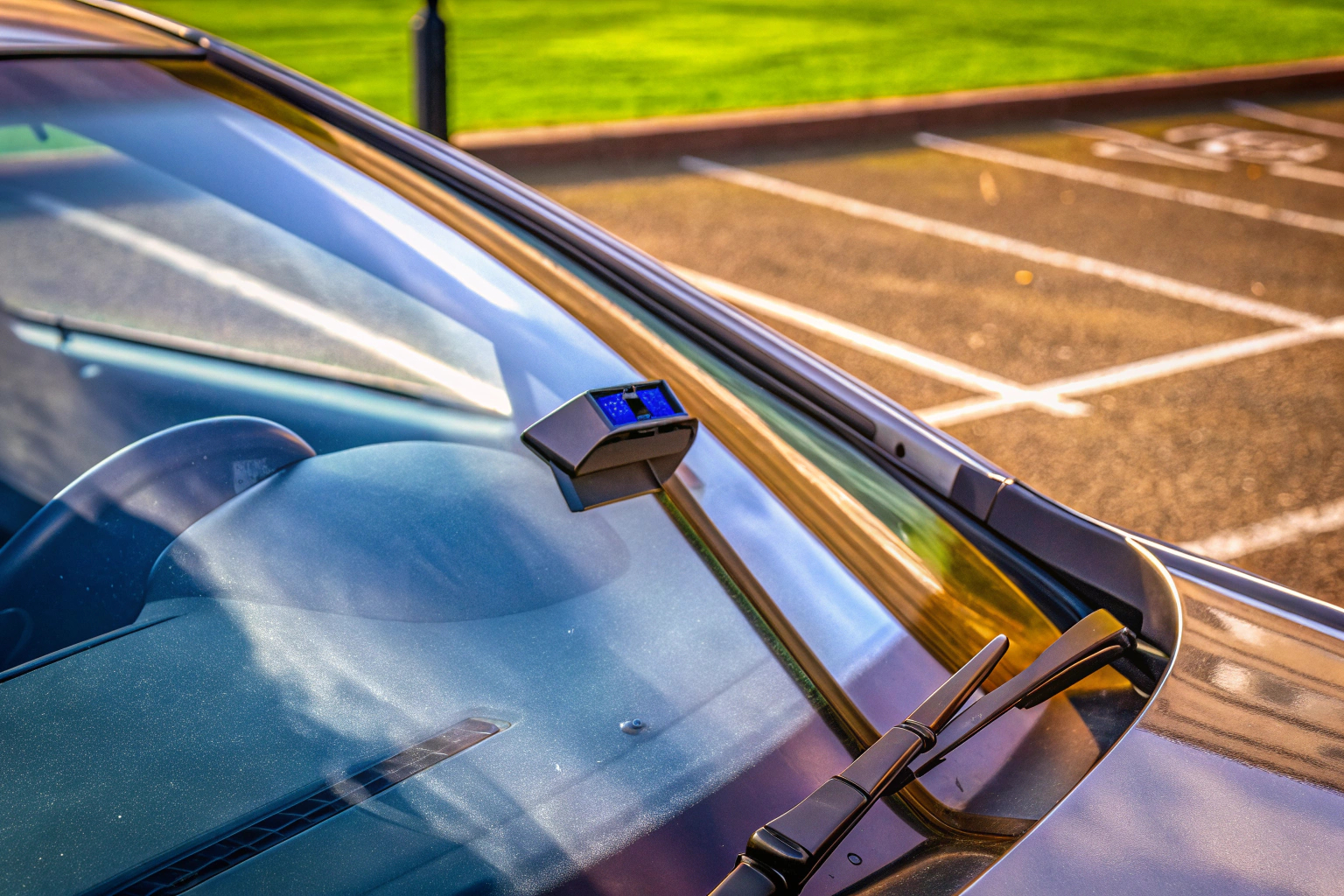 Eine moderne Parkscheibe, die automatisch die Parkzeit einstellt, befestigt an der Windschutzscheibe eines Autos. Elektronische Parkscheibe an der Windschutzscheibe