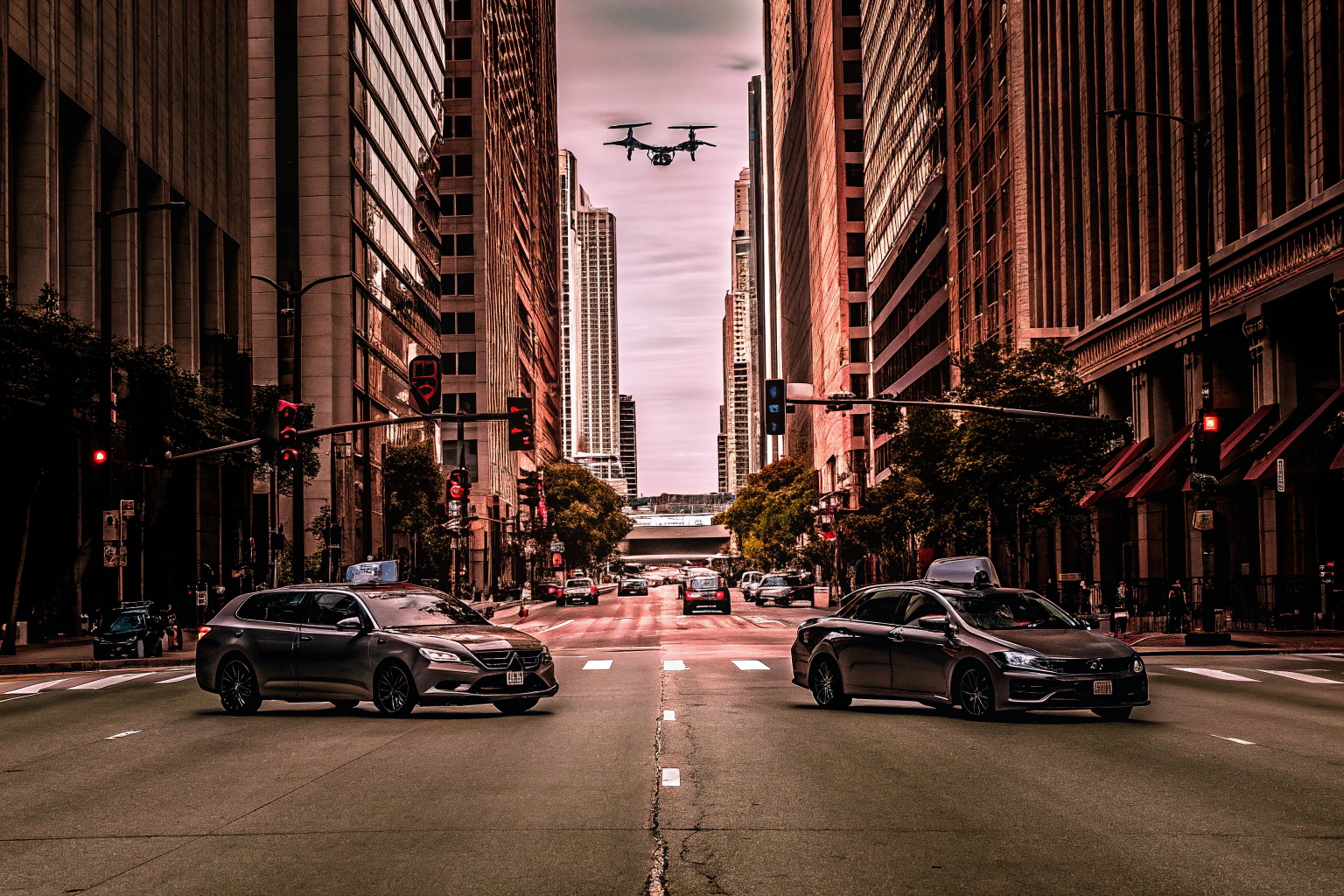 Eine moderne Stadt mit autonomen Fahrzeugen auf den Straßen, die den Fortschritt der Technologie im Jahr 2025 zeigen. Moderne Stadt mit autonomen Fahrzeugen 2025