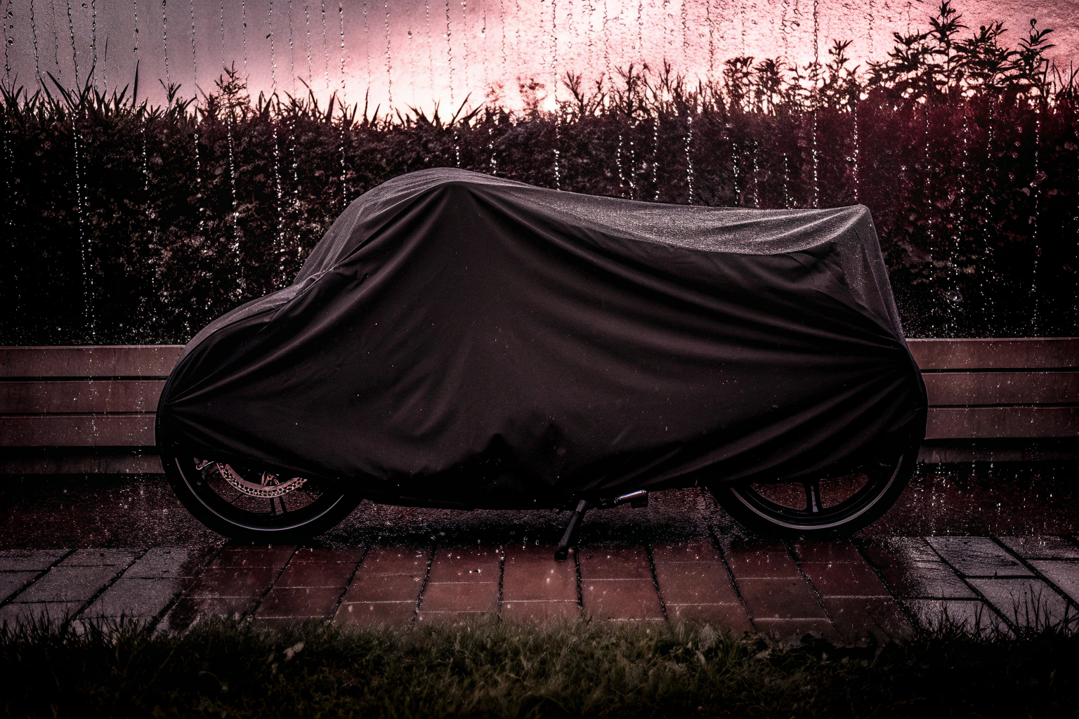 Eine Motorradabdeckung, die ein Motorrad vor Regen schützt. Motorradabdeckung bei Regen